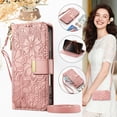 thumbnail image 1 of For iPhone 16e Wallet Case with Card Holder/Cash Slot,RFID Blocking Magnetic Closure Flower Pattern PU Leather Flip Kickstand Shoulder Strap & Wrist Lanyard Zipper Pocket Cover,Rosegold, 1 of 12