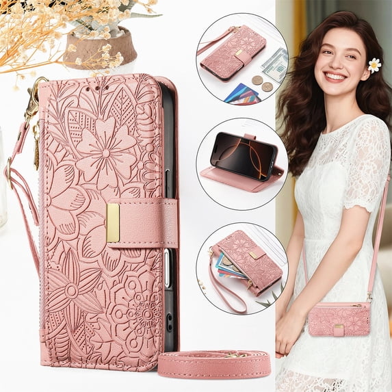 For iPhone 16e Wallet Case with Card Holder/Cash Slot,RFID Blocking Magnetic Closure Flower Pattern PU Leather Flip Kickstand Shoulder Strap & Wrist Lanyard Zipper Pocket Cover,Rosegold
