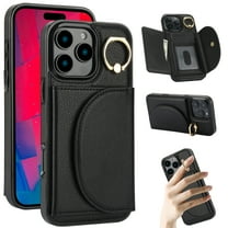 for iPhone 16e Wallet Case with Card Holder Women Men, Flip PU Leather Kickstand Shockproof Protective Phone Cover Magnetic Clasp 360 Rotation Ring Stand for iPhone 16e, Black