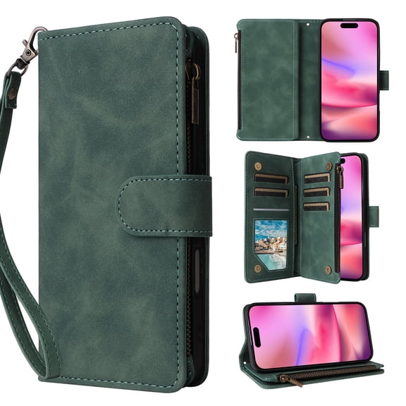 for iPhone 16e Wallet Case with Card Holder & Zipper Pocket, PU Leather Flip Cover with Kickstand Magnetic Closure Shockproof Full Protection, Wrist Strap & Crossbody Shoulder Strap, Green