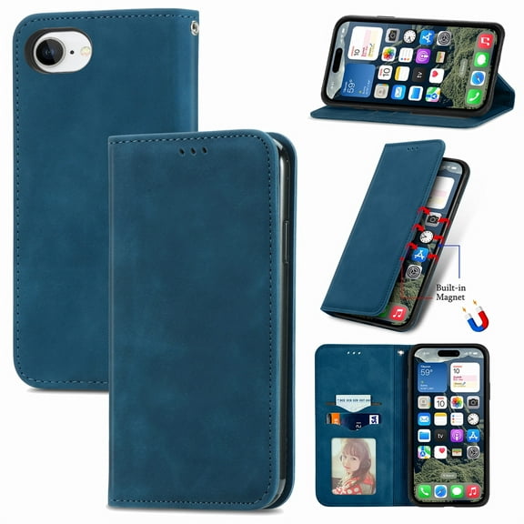 For iPhone 16e Wallet Case, Card Slots Holder Magnetic Closure Folio Phone Cover with Kickstand Bracket Luxury PU Leather TPU Inner Shell Shockproof Protective Case for iPhone 16e, 6 Color