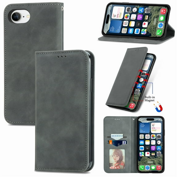 for iPhone 16e Wallet Case, Card Slots Holder Magnetic Closure Folio Phone Cover with Kickstand Bracket Luxury PU Leather TPU Inner Shell Shockproof Protective Case for iPhone 16e, Gray
