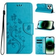 thumbnail image 1 of For iPhone 16e Wallet Case,Cute Embossed Butterfly & Flower Patterned Flip Premium PU Leather [Flip Kickstand] [Card Slots] [Wrist Strap] [Magnetic Closure] Phone Cover, Blue, 1 of 9