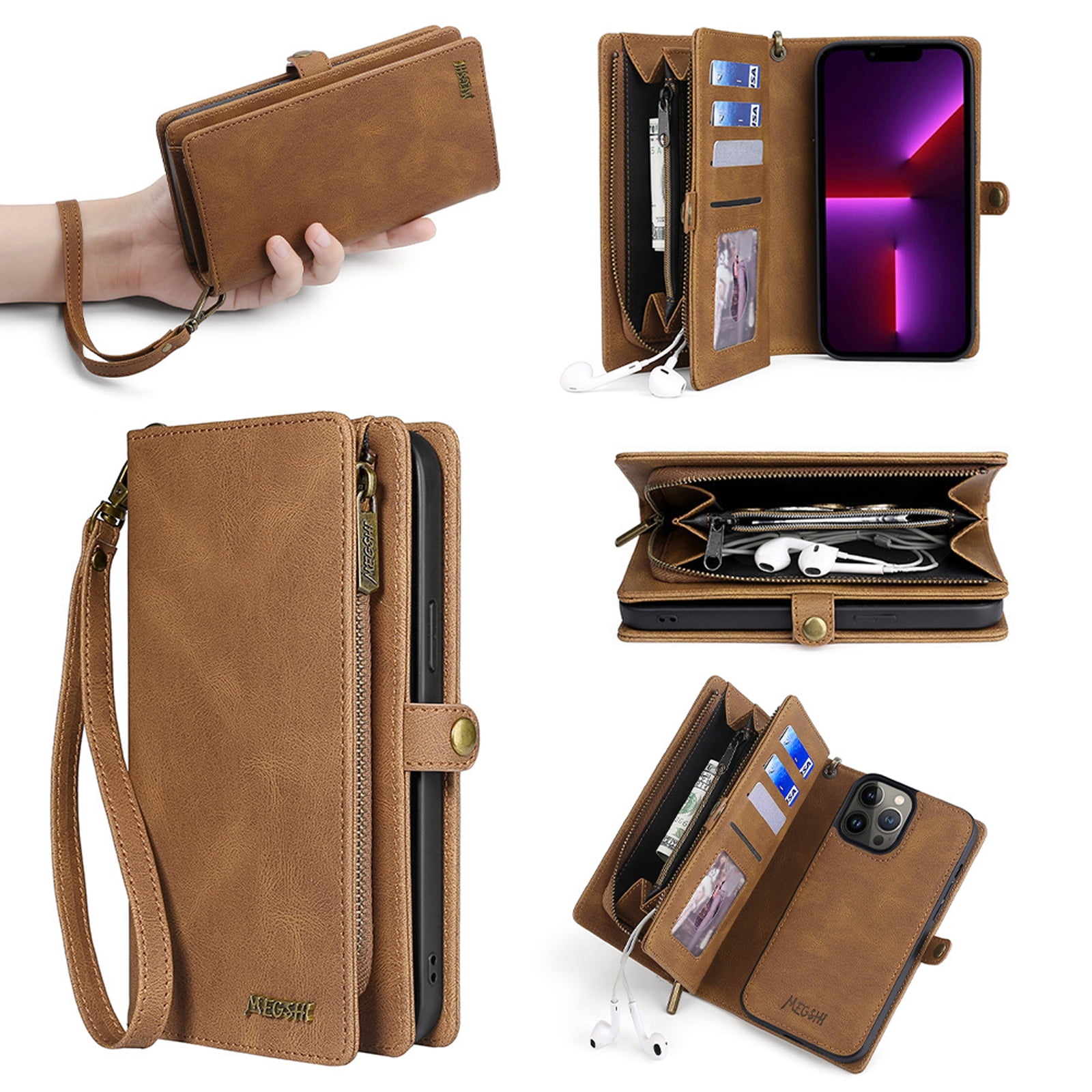 for iPhone 16e Wallet Case, Durable PU Leather 2-in-1 Detachable Magnetic Flip Phone Case for iPhone 16e Case Wallet with Card Holder Slots Zipper Pouch for Women Men, Brown
