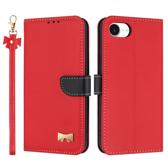 for iPhone 16e Wallet Case, Magnetic Closure & Adjustable Kickstand & Card Slots & Shoulder Strap & Wrist Strap Full Body Protection Rugged Phone Case for iPhone 16e, Red