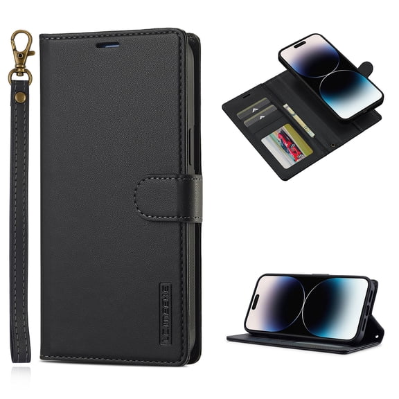 for iPhone 16e, Wallet Case with Magnetic Removable Inner Case, Classic Kickstand Wrist Strap Card Slots Full Body Protection Phone Cover for Men Women for iPhone 16e, Black
