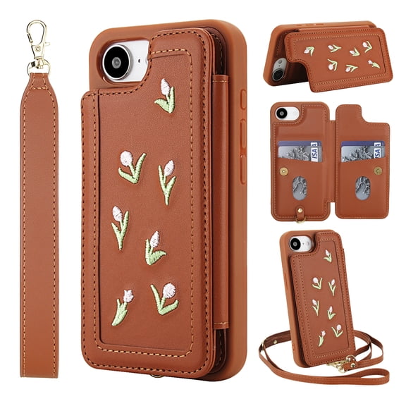 for iPhone 16e Wallet Case, Magnetic Snap Flip PU Leather TPU Cover with Flower Design Credit Card Holder Stand Wristband Shoulder Strap Protective Phone Case for Women Girls, Brown