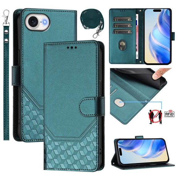 for iPhone 16e Wallet Case for Men Women, RFID Blocking Card Holder Slots, Wrist Strap & Shoulder Strap Shockproof TPU Inner, Kickstand PU Leather Protective Phone Cover, Darkgreen
