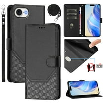 for iPhone 16e Wallet Case for Men Women, RFID Blocking Card Holder Slots, Wrist Strap & Shoulder Strap Shockproof TPU Inner, Kickstand PU Leather Protective Phone Cover, Black