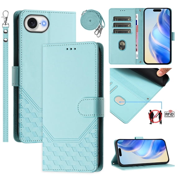 for iPhone 16e Wallet Case for Men Women, RFID Blocking Card Holder Slots, Wrist Strap & Shoulder Strap Shockproof TPU Inner, Kickstand PU Leather Protective Phone Cover, Mint