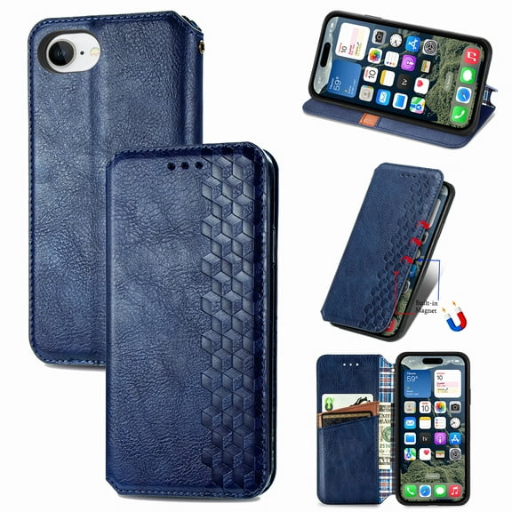 for iPhone 16e Wallet Case, Men's Retro Premium Business PU Leather Classic Magnetic Closure Flip Case with Card Holder [RFID Blocking] Folio Kickstand Shockproof Phone Cover,Blue
