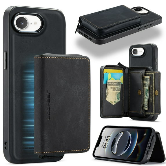 for iPhone 16e Wallet Case, Minimalist Luxury PU Leather Magnetic Detachable Credit Card Holder, 2 in 1 Zipper ID Cash Slot, Magnetic Closure Kickstand Folio Flip Slim Cover,Black