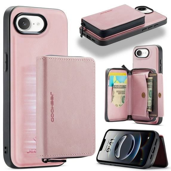 for iPhone 16e Wallet Case, Minimalist Luxury PU Leather Magnetic Detachable Credit Card Holder, 2 in 1 Zipper ID Cash Slot, Magnetic Closure Kickstand Folio Flip Slim Cover,Pink