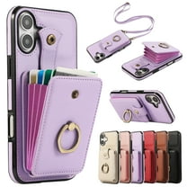 For iPhone 16e Wallet Case, Multiple Cards Holder Crossbody Shoulder Strap Ring Holder Kickstand Premium PU Leather Shockproof Lightweight Phone Case for Apple iPhone 16e, Purple