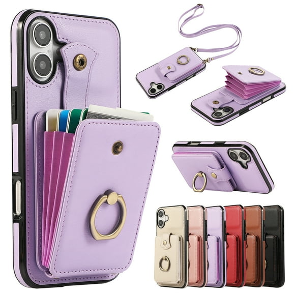 For iPhone 16e Wallet Case, Multiple Cards Holder Crossbody Shoulder Strap Ring Holder Kickstand Premium PU Leather Shockproof Lightweight Phone Case for Apple iPhone 16e, Purple