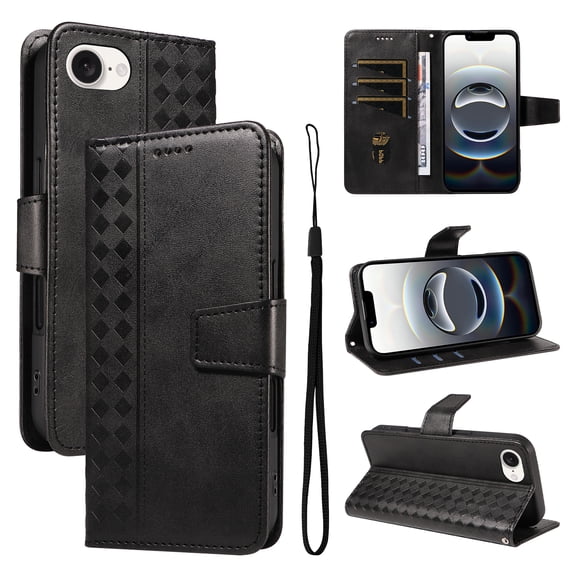 for iPhone 16e Wallet Case, PU Leather Flip Cover with Kickstand, Magnetic Closure Wrist Strap 3 Card Slots & 1 Cash Pocket Shockproof Full Body Protection for iPhone 16e, Black
