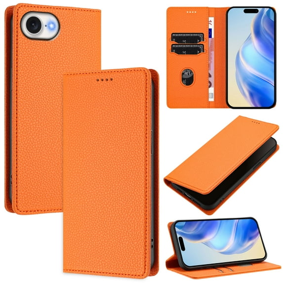 for iPhone 16e Wallet Case with RFID Blocking Card Slots, Fashion PU Leather Flip Kickstand Magnetic Phone Cover Women Men, Support Wireless Charging, Full Body Protection - Orange