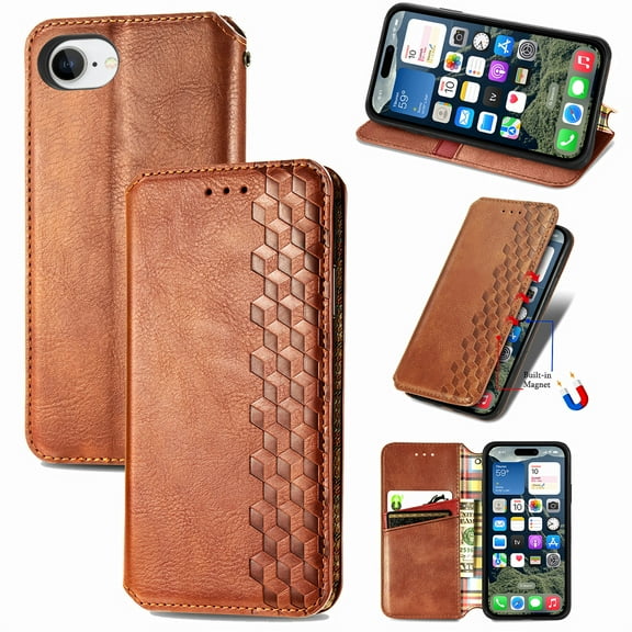 for iPhone 16e Wallet Case with RFID Blocking Credit Card Holder, PU Leather Magnetic Closure Flip Kickstand Shockproof Cover Women Men For iPhone 16e Phone case,Brown