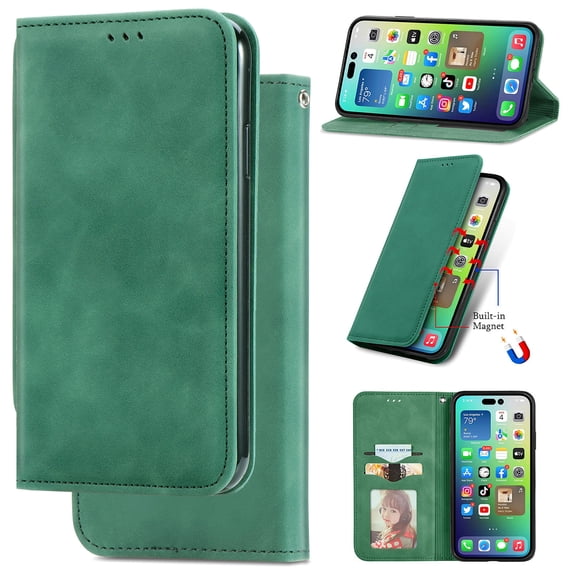 For iPhone 16e Wallet Case with [RFID Blocking] Credit Card Slot Stand Magnetic Closure Premium PU Leather Retro Classic Flip Kickstand Shockproof TPU Shell for iPhone 16e,Green