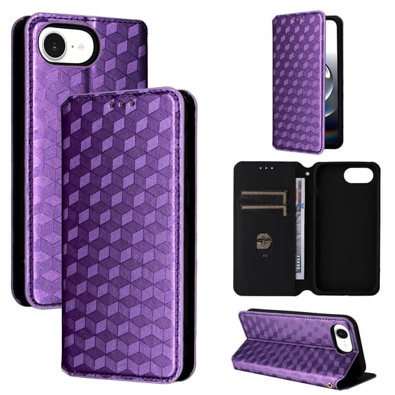 For iPhone 16e Wallet Case with RFID Blocking ID Credit Card Holder, Luxury Diamond Patterned Shiny PU Leather Magnetic Folio Book Flip Kickstand Shockproof Phone Case, Purple
