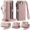 thumbnail image 1 of for iPhone 16e Wallet Case with RFID Blocking, Zipper Pocket Kickstand Magnetic Clasp, PU Leather Heavy Duty Cover with Shoulder and Wrist Strap – Rugged Full-Body Protection, Pink, 1 of 13