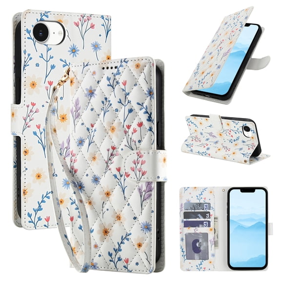 for iPhone 16e Wallet Case Women Girls, Cute Floral Pattern PU Leather Flip Phone Cover with Card Holder, Kickstand, Wrist Strap, Protective Purse Case for iPhone 16e, Pattern-E