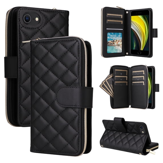 for iPhone 16e Wallet Case for Women Girls, PU Leather + TPU, Zipper Pocket Card Slots Kickstand Magnetic Clasp Crossbody & Wrist Strap Full Body Shockproof Heavy Duty Phone Cover, Black