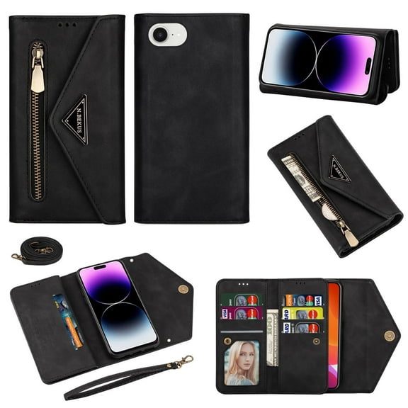 For iPhone 16e Wallet Case,Women/Men A Multi-Card Slot Card Holder Premium Folio Flip Leather Protective Zipper Pocket Purse Wallet Case With Hand Strap and Shoulder Strap Case, Black