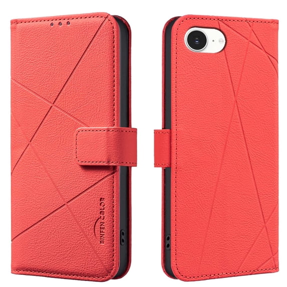 For iPhone 16e Wallet Phone Case,RFID Blocking Card Slots Holder Premium PU Leather,Flip Folio Kickstand,Line Embossing Designing,Magnetic Closure,Shockproof Anti-fall Phoe Case,Red