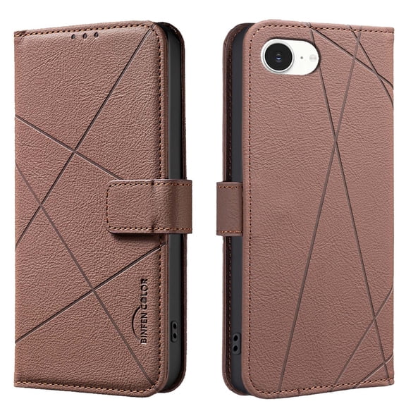 For iPhone 16e Wallet Phone Case,RFID Blocking Card Slots Holder Premium PU Leather,Flip Folio Kickstand,Line Embossing Designing,Magnetic Closure,Shockproof Anti-fall Phoe Case,Brown