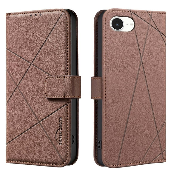 For iPhone 16e Wallet Phone Case,RFID Blocking Card Slots Holder Premium PU Leather,Flip Folio Kickstand,Line Embossing Designing,Magnetic Closure,Shockproof Anti-fall Phoe Case,Brown