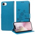 thumbnail image 1 of for iPhone 16e Wallet Phone Case,Women Flip Folio Cover with Credit Card Holders Emboss Butterfly & Flower PU Leather Purse Kickstand Shockproof Phone Case With Wrist Strap,Blue, 1 of 8