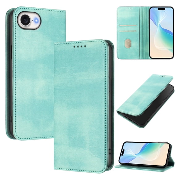 for iPhone 16e Wallet Rugged Case, Premium PU Leather RFID Blocking Card Slots Kickstand Classic Full Body Protection Magnetic Function Durable Phone Cover for iPhone 16e, Mint