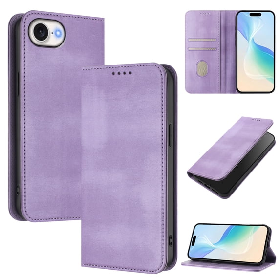 for iPhone 16e Wallet Rugged Case, Premium PU Leather RFID Blocking Card Slots Kickstand Classic Full Body Protection Magnetic Function Durable Phone Cover for iPhone 16e, Purple