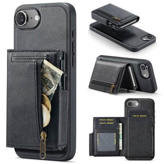 For iPhone 16e / iPhone 17e 6.1" RFID Blocking 2 In 1 Detachable Leather Wallet With Popup Button Multi-Card Slot Zipper Pocket Magnetic Phone Case,Black,For iPhone 16e / 17e