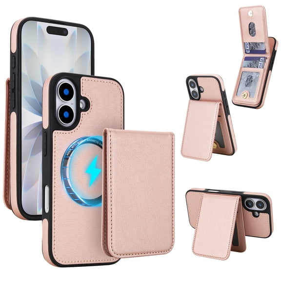 for iPhone 17 2 In 1 Detachable Magnetic Case, PU Leather TPU Cover with Removable Card Slots Kickstand Slim Shockproof Protective Rugged Case Cover, Rosegold