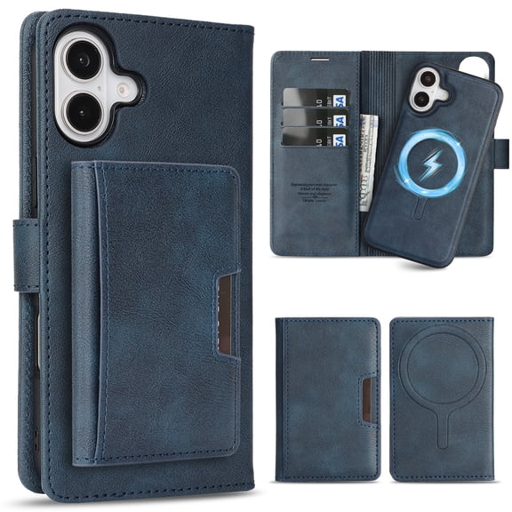 for iPhone 17 3-in-1 Wallet Case, Detachable Magnetic Wallet Case and Detachable Magnetic Card Bag, Kickstand Full Body Protection Multi-Functional PU Leather Rugged Cover, Blue