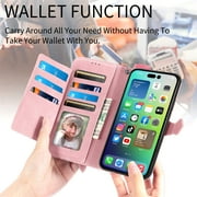 For iPhone 17 6.3, 2025 release Flip Wallet Case with Wrist Strap, Multiple Card Slots, Zippered Pocket, Stand, Cute Embossed Flower Protective Lightweight PU Leather Shell Cover, Pink