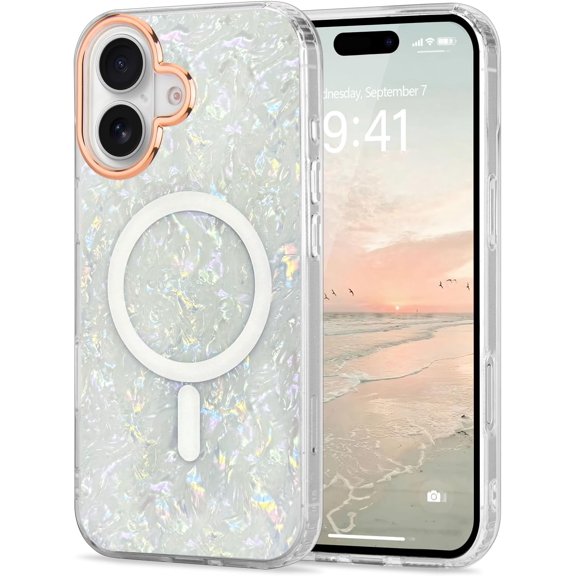 for iPhone 17 6.3 Inch Cute Girly Women Case, Compatible with Magsafe Slim Colorful Sparkle Seashell Pattern Translucent Cover Soft TPU Protective Magnetic Bumper Case, White