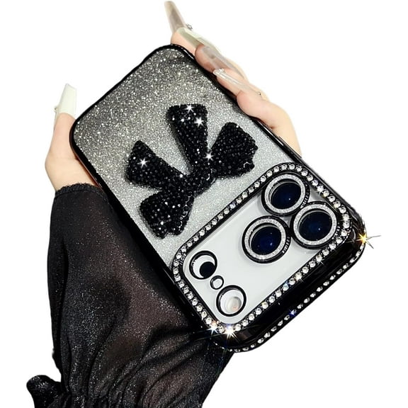 for iPhone 17 Air Bling Glitter Cute Bow Case,Sparkle Diamond Slim Plating Luxury Crystal Rhinestone Phone Cover for Women Girls Protective Camera Protection Bumper,Black