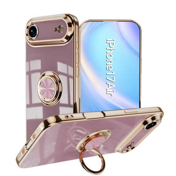 For iPhone 17 Air Case 2025, Allytechgroup Ring Holder Stand Case Plating Edge 360 Rotation Kickstand Slim Soft Flexible TPU Protective Cover for iPhone 17 Air 6.6", Lightpurple