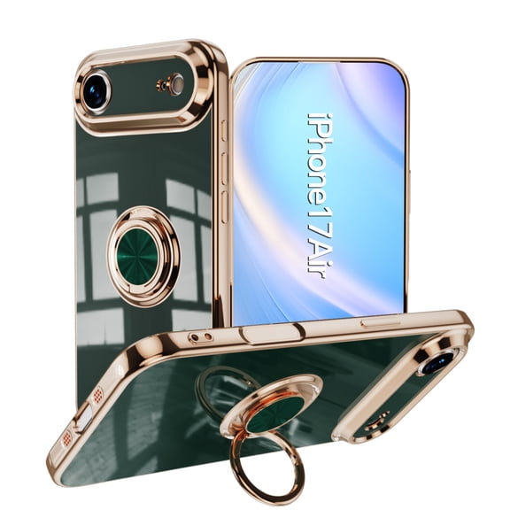 For iPhone 17 Air Case 2025, Allytechgroup Ring Holder Stand Case Plating Edge 360 Rotation Kickstand Slim Soft Flexible TPU Protective Cover for iPhone 17 Air 6.6", Darkgreen
