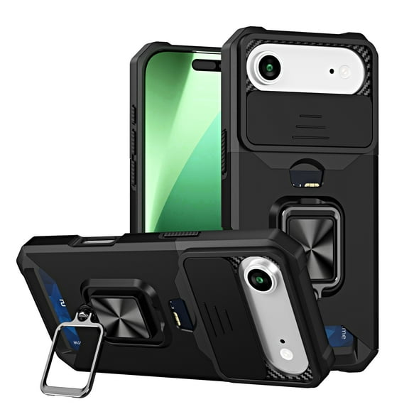 for iPhone 17 Air Case with Card Holder Ring Kickstand Sliding Camera Cover iPhone 17 Air Case Heavy Duty Protection Shockproof Rugged for iPhone 17 Air Phone Cover, Black
