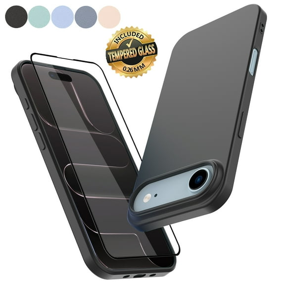 For iPhone 17 Air Case with Screen Protector, Tekcoo Liquid Silicone Military-Grade Protection Shockproof Rugged Soft Gel Rubber Slim Cell Phone Case Cover for iPhone 17 Air 6.5", Black