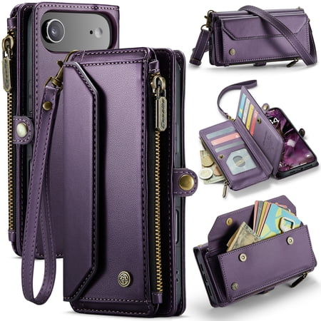 For iPhone 17 Air Crossbody Wallet Case, with 10 Card Slots, Zipper RFID Blocking Pocket and Magnetic Flip Folio 3-in-1 PU Leather Wristlet Shoulder Strap Case,Purple