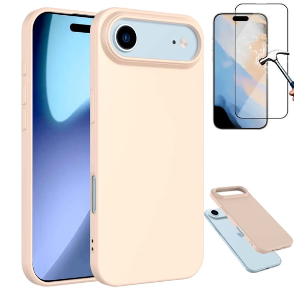 iPhone 17 Air Liquid Silicone Case with Tempered Glass Screen Protector,Shockproof Rugged Cover,Military-Grade Drop Protection,Microfiber Lining, Phone Case for Apple iPhone 17 Air 6.5"- Pink