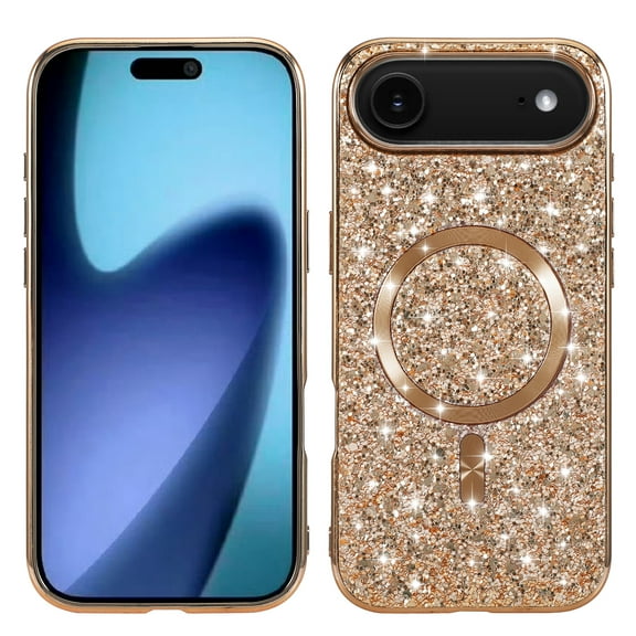 for iPhone 17 Air Magnetic Case, Fashionable Sparkle Glitter Case Compatible with MagSafe Charging, Anti-Scratch Shockproof Phone Cover for iPhone 17 Air Plating Bumper Bling Case, Rosegold