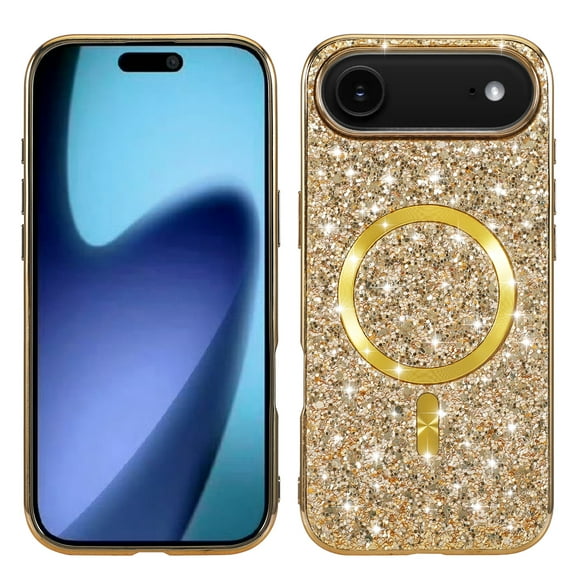for iPhone 17 Air Magnetic Case, Fashionable Sparkle Glitter Case Compatible with MagSafe Charging, Anti-Scratch Shockproof Phone Cover for iPhone 17 Air Plating Bumper Bling Case, Gold