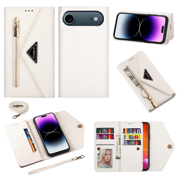 For iPhone Air Wallet Case,Women/Men A Multi-Card Slot Card Holder Premium Folio Flip Leather Protective Zipper Pocket Purse Wallet Case With Hand Strap and Shoulder Strap Case, White