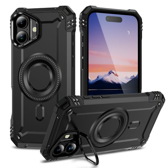 for iPhone 17 Armor Case with Kickstand, Luxury Military-Grade Drop Protection Heavy Duty Magnetic Phone Case, Compatible with MagSafe Accessories, for iPhone 17 - Black